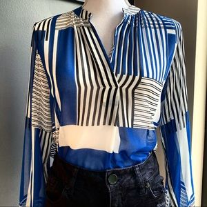 LOFT Black & Blue Geometric Abstract Stripe Blouse